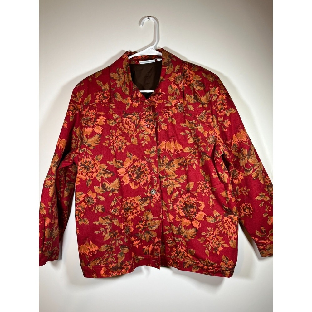 Alfred Dunner Red Leaves Floral Button Down Autumn Fall Jacket Women's Size 12